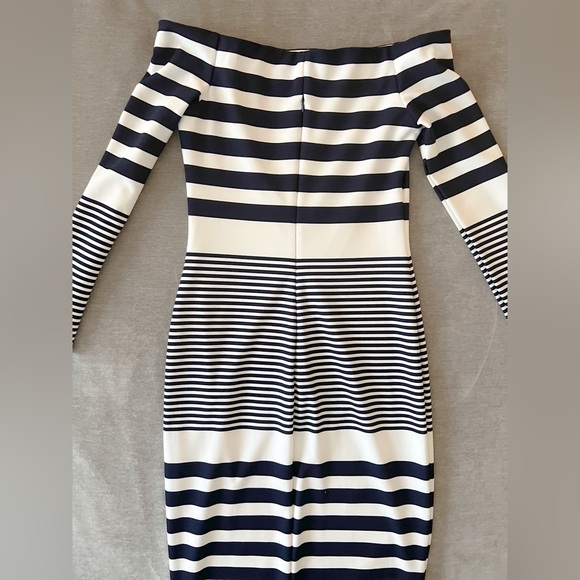 Eliza J Navy White Striped Off the Shoulder Long Sleeve Sheath Midi Dress Size 4 - Picture 2 of 5